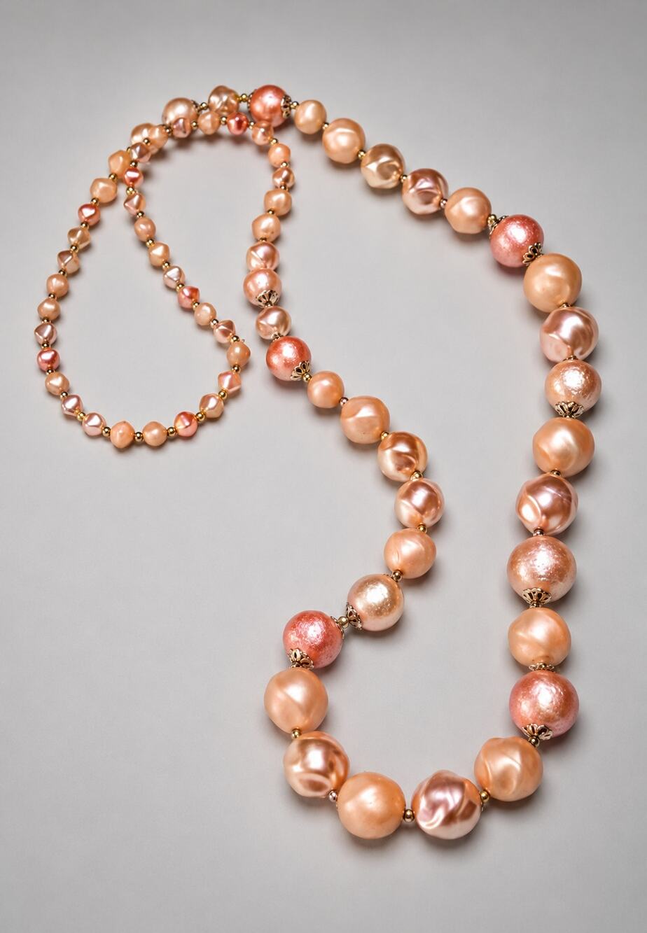 Vintage Beaded Necklace Pink 35" Long Lucite Unique Mid-century rd3-41